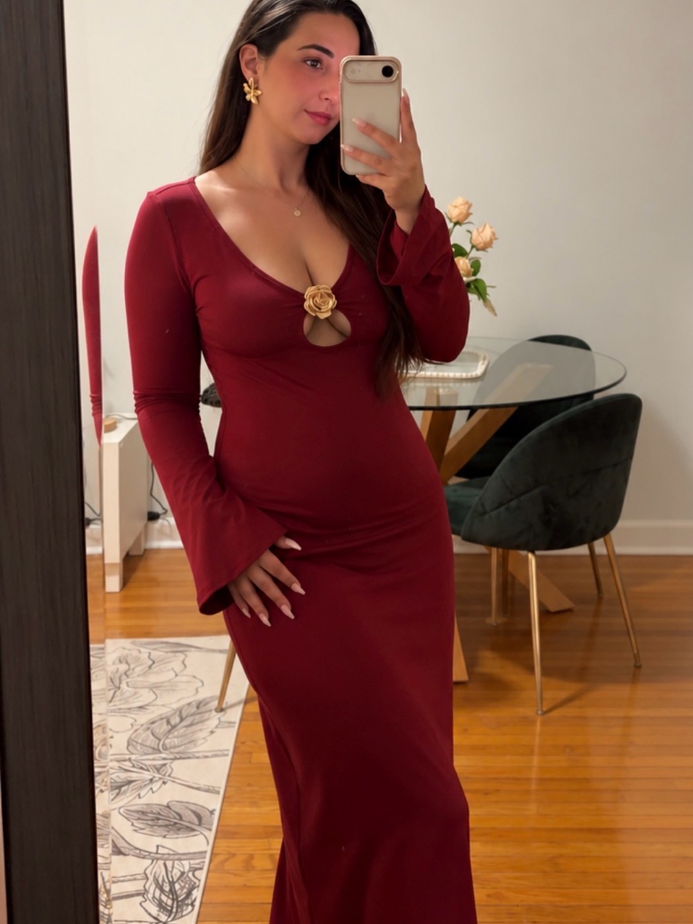 SHEIN Burgundy Long Sleeve Maxi Dress with Gold Flower